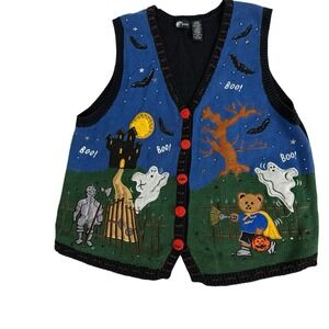Holiday Editions Halloween Women's‎ Sequin Knit Sweater Sz L Vest 90s Grannycore